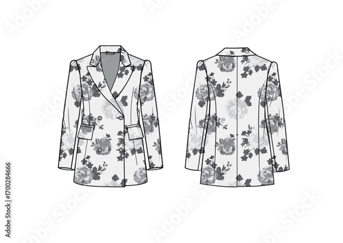 Women Tailored Double Breast Printed Fitted Blazer, front & back view, CAD fashion flat sketch, Editable Flat Technical Drawings Illustration, Blazer Mockup