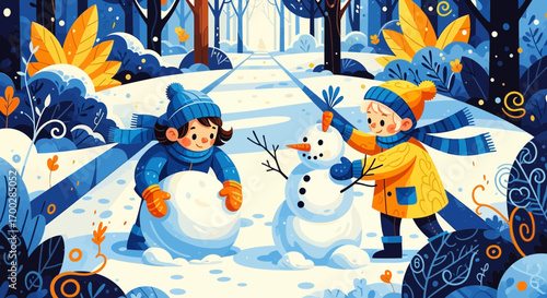 Two children in colorful winter clothes building a snowman together in a snowy, stylized forest illustration.