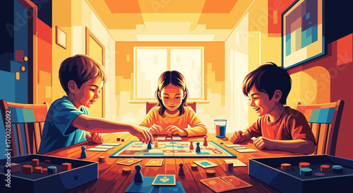 Three young children, two boys and a girl, gathered around a wooden table, engrossed in playing a colorful board game together in a warmly lit room.