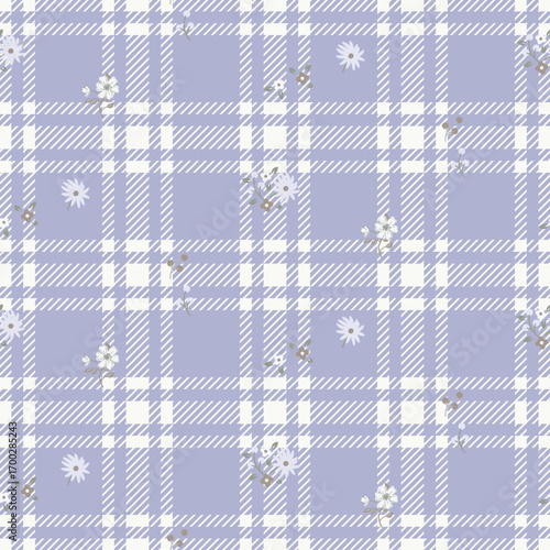 Tartan Plaid Pattern with flowers Seamless. Traditional Scottish Checkered Background. Purple and cream pastel colors Fashion Textile Design
