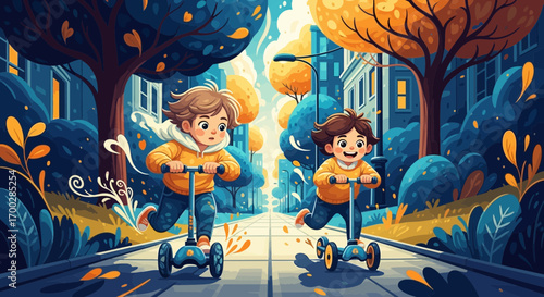 Whimsical illustration of two joyful children riding scooters down a tree-lined city sidewalk in autumn.