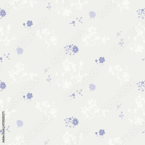 Flower pattern cream purple background with meadow flowers. Farmhouse violet backdrop and tiny floral bunches grandmillenial style