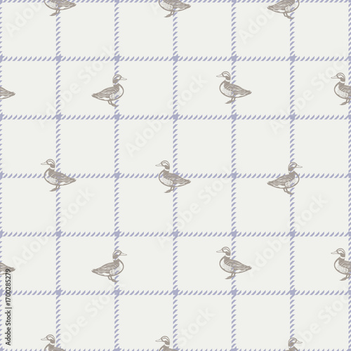 Windowpane Plaid Pattern with ducks simple Seamless. Scottish hunt Checkered Background. Purple and cream pastel colors Fashion Textile Design