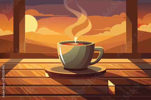Hot coffee in white cup on rustic wood table, golden morning light, and mountain view at vibrant sunrise — ideal for hospitality, beverage ads, and relaxing travel imagery.