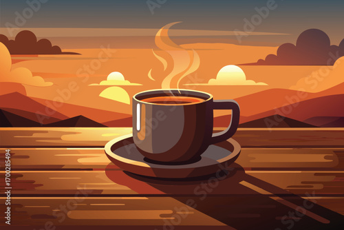 Cup of Hot Coffee with Scenic Sunrise Over Horizon