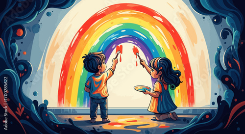 Two imaginative children, a boy and a girl, joyfully painting a vibrant and colorful rainbow mural on a wall together.