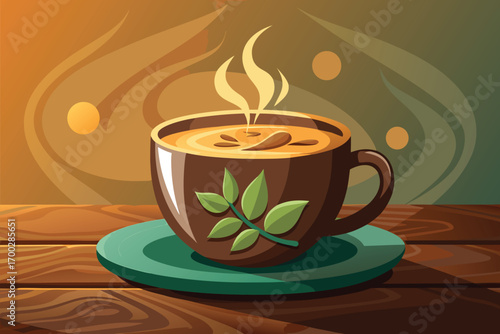 Illustration of a steaming coffee cup on a wooden table, featuring a stylish design. The cup is adorned with leaf details, creating an inviting and warm atmosphere for coffee lovers.