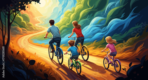 A family of four enjoys a scenic bicycle ride together on a winding country road through a vibrant, colorful, and artistic landscape at sunset.