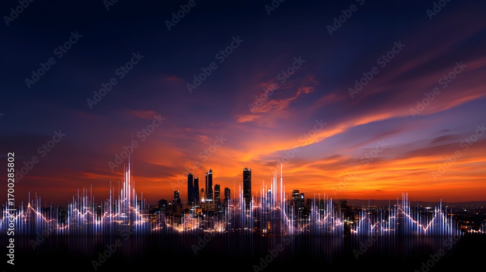 Fototapeta premium Breathtaking urban landscape with towering skyscrapers reflected in the waters below, framed by a vibrant, fiery sunset sky.