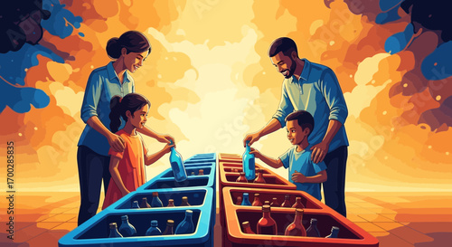 A heartwarming illustration of a family teaching children about recycling and environmental responsibility.
