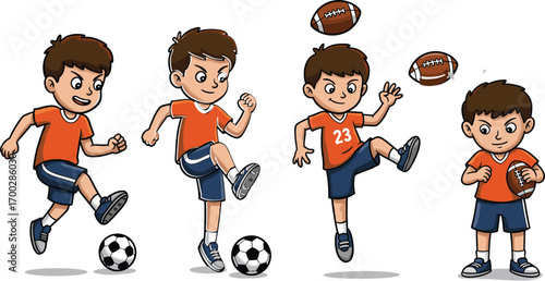 Cartoon boys playing soccer and football, active children in motion, sports poses, athletic energy, fun game, sport illustration