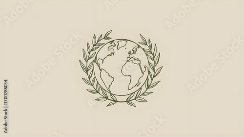 Elegant line art illustration of Planet Earth within a laurel wreath, representing world peace, environmentalism, and global harmony