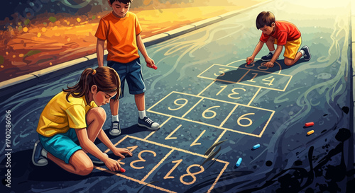 Three young children, two boys and a girl, drawing a hopscotch grid with colorful chalk on a paved sidewalk outdoors.