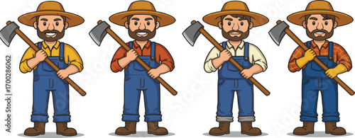 Cartoon bearded farmers in hats and overalls, holding axes, rural men, lumberjack style, agriculture character illustration, strong pose