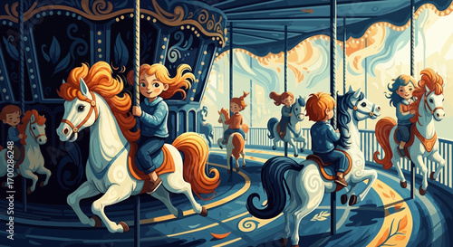 A whimsical illustration of children with flowing red hair joyfully riding white horses on an ornate, classic carousel.