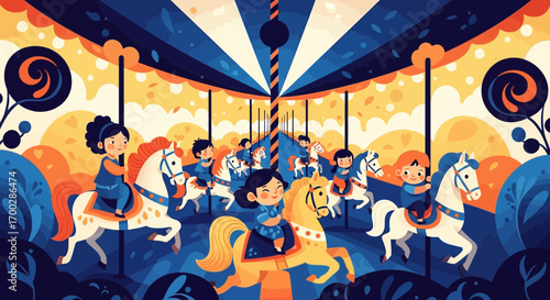 A whimsical illustration of joyful children riding horses on a colorful carousel at a fairground.