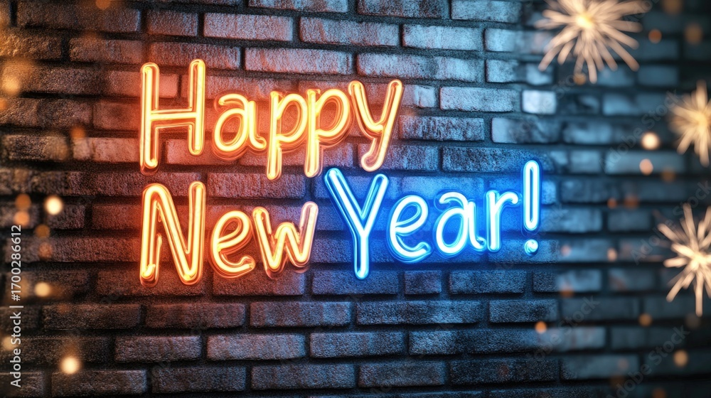 Obraz premium Festive neon happy new year sign glowing on brick wall background