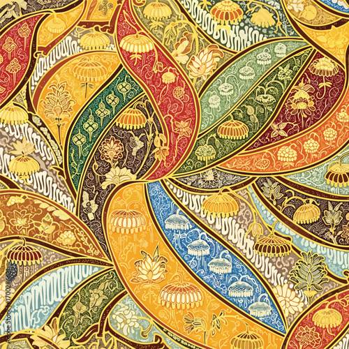 Intricate batik pattern with floral motifs in vibrant hues and detailed designs, patern seamless, royalty stock.