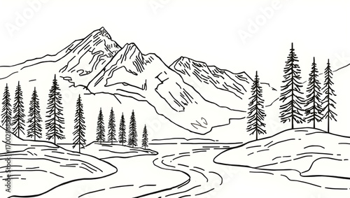 Hand-drawn mountain landscape with a winding river and pine forest, a minimalist black and white line art vector illustration