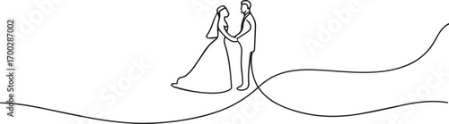 couple wedding one continuous line art, Vector illustration, One line art, Line art graphic style.
