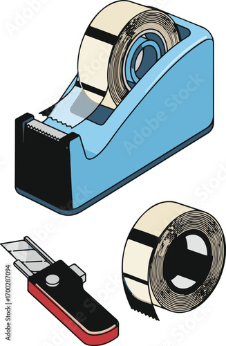 Isometric Vector Illustration of Tape Dispenser Cutter and Tape Roll in Blue Red and Beige Modern Vector