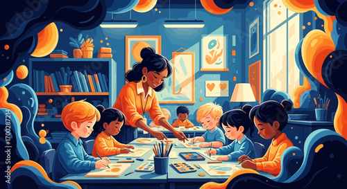 An illustration of a dedicated teacher guiding a diverse group of young students during an art class in a cozy, colorful classroom.