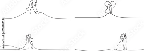 Set of couple wedding one continuous line art, Vector illustration, One line art, Line art graphic style.