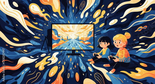 Two young girls playing a video game, immersed in a vibrant, abstract world of imagination and color.