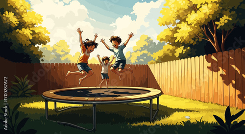 Three joyful children having fun jumping on a trampoline in a sunny, green backyard illustration.