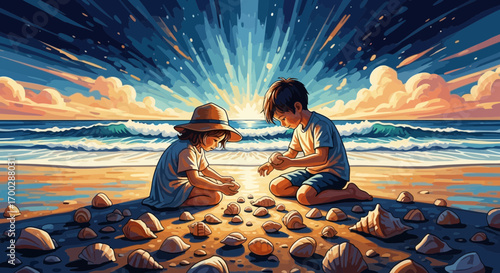 Two young children collecting beautiful seashells on a sandy beach during a vibrant, colorful sunset.
