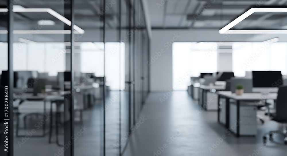 Fototapeta premium Contemporary blurred office space with glass partitions and workstations