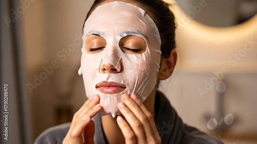 Woman enjoying a facial sheet mask for skincare and relaxation at home.