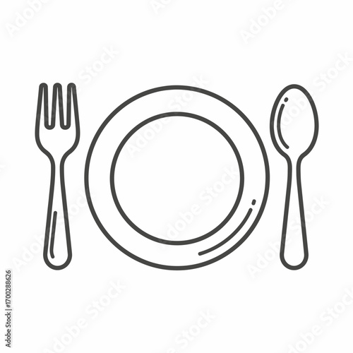 Outline icon of a plate with a fork and spoon.