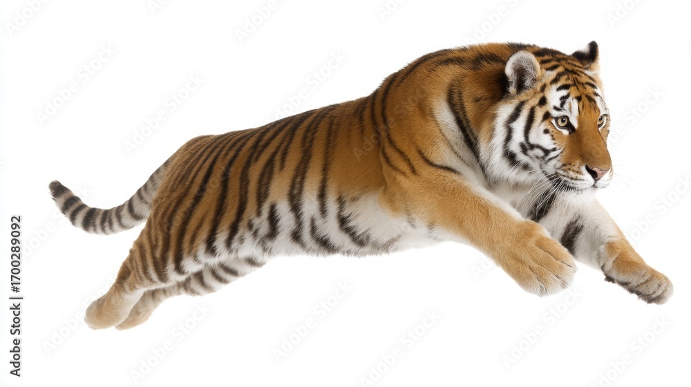 Obraz premium A magnificent tiger leaps gracefully through the air. This vibrant image captures the raw power and elegance of this majestic animal in clear detail. Perfect for wildlife themes. AI