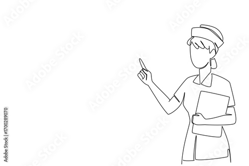 Single one line drawing female nurse with nurse cap holding clipboard and pointing hand. Providing guidance during treatment period. National Nurses Day. Continuous line design graphic illustration