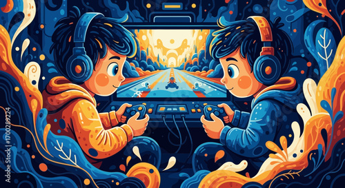 Two young boys with headphones playing a competitive racing video game together in a colorful, illustrative style.
