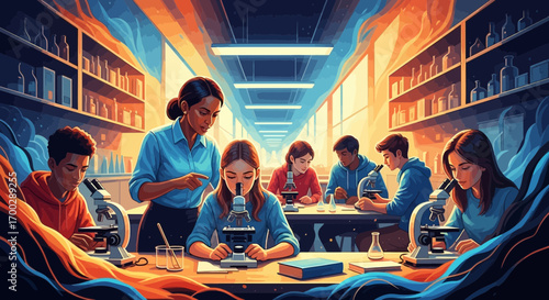 A dedicated teacher guides a diverse group of young students using microscopes in a vibrant, modern science laboratory classroom.