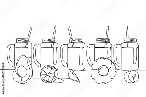 Single continuous line drawing 5 glass mugs with straws in each mug. Order fresh drinks online. Easier. Anti spill. Warming up the atmosphere. National Beverage Day One line design vector illustration
