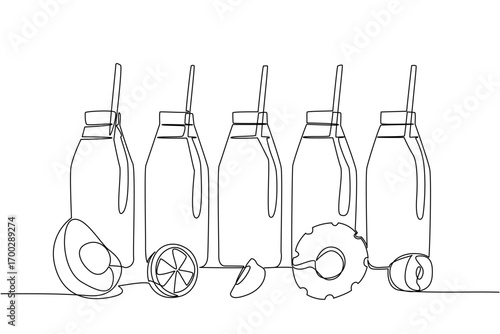 Single one line drawing 5 glass bottles with straws in each bottle. Refreshing drinks with various flavors. Perfect for summer. National Beverage Day. Continuous line design graphic illustration