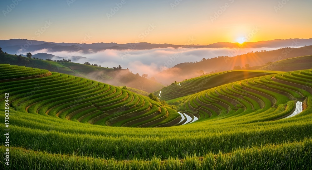 custom made wallpaper toronto digitalGolden sunrise illuminates rolling green tea plantations shrouded in morning mist and fog creating a breathtaking landscape