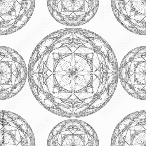 Geometric sphere pattern with intersecting lines creating a complex design element, seamless pattern, Stock royalty image.