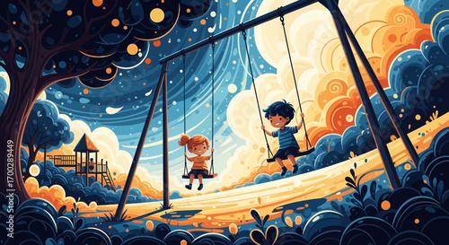 An enchanting illustration of a boy and girl on a swing set in a whimsical park under a swirling, starry night sky.