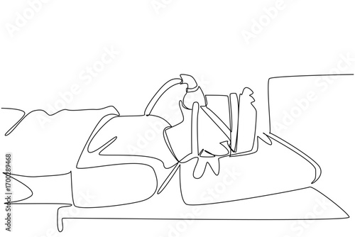 Single one line drawing a man sleeping on a bed using a blanket while wearing a CPAP mask. Helps keep breathing. Healthcare. Sleep Apnea Awareness Day. Continuous line design graphic illustration