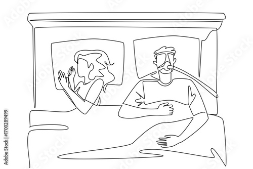 Single continuous line drawing a man sleeping on a bed using a CPAP mask accompanied by his sleeping wife. Caring sincerely. Disturbance. Sleep Apnea Awareness Day. One line design vector illustration