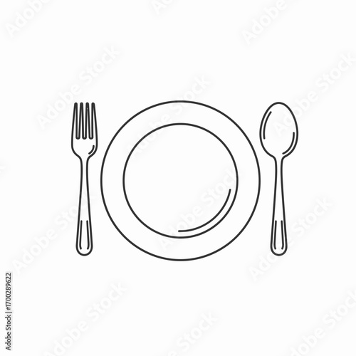 Simple Line Drawing of a Plate with Fork and Spoon.
