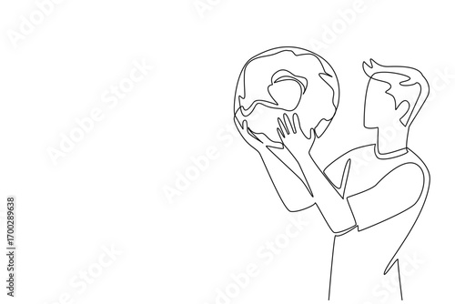 Single continuous line drawing a young man eating a large donut. Content creators who eat large portions live. Always finished, nothing left. National No Diet Day. One line design vector illustration