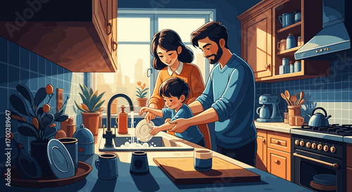 A loving family of three, a mother, father, and son, happily washing dishes together in a sunlit, cozy kitchen illustration.