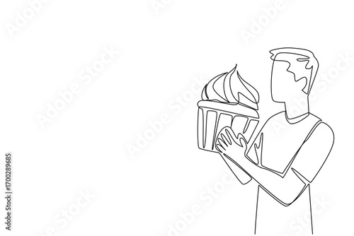 Single continuous line drawing a man eating a large cupcake. Forget about excess sugar content. Mainly a full stomach. Gluten. The overeater. National No Diet Day. One line design vector illustration