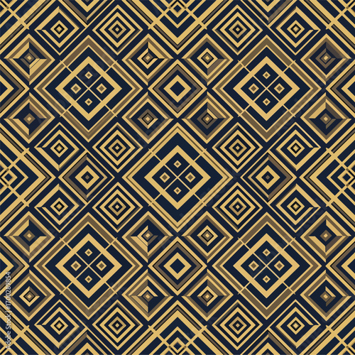 Geometric pattern with diamond shapes in gold and dark blue seamless design, patern seamless, Stock royalty.
