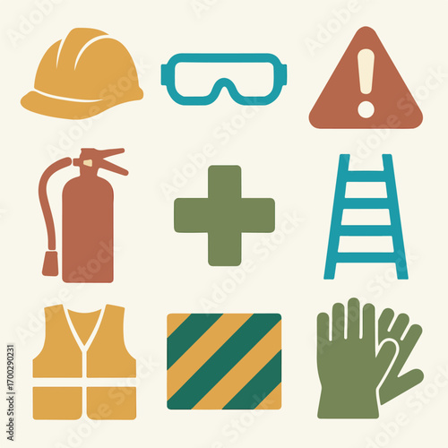 Workplace safety icons include helmet, extinguisher, and gloves
